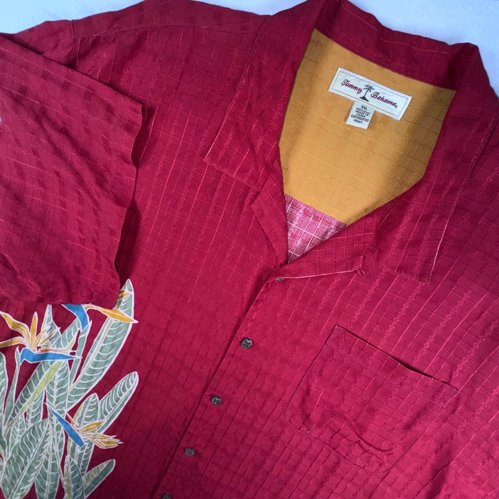 Tommy Bahama Shirt Men XXL Red Silk Bird of Paradise Floral Jacquard Camp Short